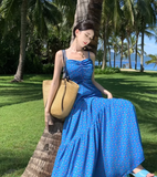 Simple Fashion Blue Floral Design A-line Long Spaghetti Strap Dress HZ1024