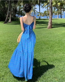 Simple Fashion Blue Floral Design A-line Long Spaghetti Strap Dress HZ1024