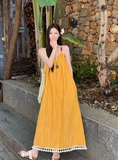 Simple Fashion Yellow Loose-fitting Design Beach Holiday A-line Long Spaghetti Strap Dress HZ1024