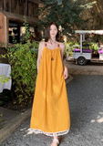 Simple Fashion Yellow Loose-fitting Design Beach Holiday A-line Long Spaghetti Strap Dress HZ1024