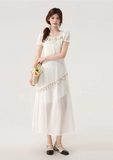 New Fashion Apricot Irregular Fringed Dress Hem Design A-line Square Collar Short-sleeved Dress HZ1024