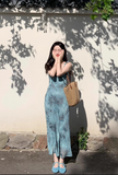 New Fashion Blue Floral Print Design Beach Holiday Long A-line Dress HZ1024