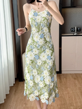 New Fashion Green Floral Embroidery Design Midi A-line Spaghetti Strap Dress HZ1024