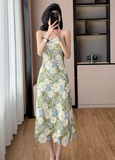 New Fashion Green Floral Embroidery Design Midi A-line Spaghetti Strap Dress HZ1024