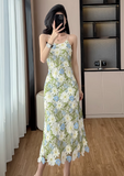New Fashion Green Floral Embroidery Design Midi A-line Spaghetti Strap Dress HZ1024