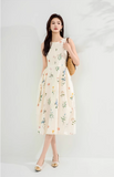 Simple Fashion Apricot Sleeveless Design A-line Midi Floral Dress HZ1024