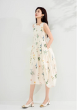 Simple Fashion Apricot Sleeveless Design A-line Midi Floral Dress HZ1024