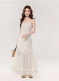 Vintage Fashion Apricot Mesh Design A-line Beach Holiday Spaghetti Strap Dress HZ1024