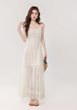 Vintage Fashion Apricot Mesh Design A-line Beach Holiday Spaghetti Strap Dress HZ1024