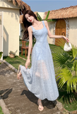 New Fashion Light Blue Mesh Lace Design A-line Beach Holiday Sleeveless Vest Dress HZ1024
