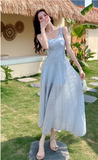 New Fashion Light Blue Mesh Lace Design A-line Beach Holiday Sleeveless Vest Dress HZ1024