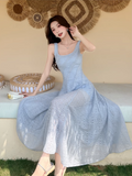 New Fashion Light Blue Mesh Lace Design A-line Beach Holiday Sleeveless Vest Dress HZ1024