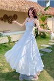 New Fashion Light Blue Mesh Lace Design A-line Beach Holiday Sleeveless Vest Dress HZ1024