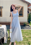 New Fashion Light Blue Mesh Lace Design A-line Beach Holiday Sleeveless Vest Dress HZ1024