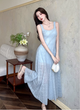 New Fashion Light Blue Mesh Lace Design A-line Beach Holiday Sleeveless Vest Dress HZ1024