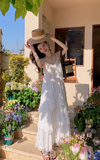 New Fashion White Tiered Dress Design A-line Beach Holiday Spaghetti Strap Dress HZ1024