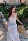 New Fashion White Tiered Dress Design A-line Beach Holiday Spaghetti Strap Dress HZ1024