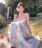 Vintage Fashion Floral Design Elegant Beach Holiday A-line Spaghetti Strap Dress HZ1024