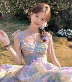 Vintage Fashion Floral Design Elegant Beach Holiday A-line Spaghetti Strap Dress HZ1024