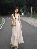Vintage Fashion Beige V-neck Lace Design Elegant Beach Holiday A-line Spaghetti Strap Dress HZ1024