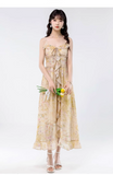 Vintage Yellow Ruffled Hem Floral Design Elegant A-line Spaghetti Strap Dress HZ1024