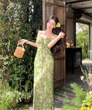Fashion Green Floral Design Elegant A-line Spaghetti Strap Dress HZ1024