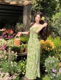 Fashion Green Floral Design Elegant A-line Spaghetti Strap Dress HZ1024