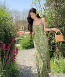Fashion Green Floral Design Elegant A-line Spaghetti Strap Dress HZ1024