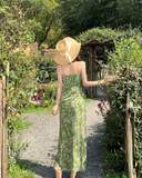 Fashion Green Floral Design Elegant A-line Spaghetti Strap Dress HZ1024