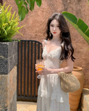 New Fashion White V-neck Tiered Dress Design Elegant A-line Spaghetti Strap Dress HZ1024