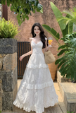 New Fashion White V-neck Tiered Dress Design Elegant A-line Spaghetti Strap Dress HZ1024