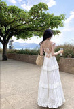 New Fashion White V-neck Tiered Dress Design Elegant A-line Spaghetti Strap Dress HZ1024