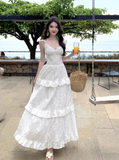New Fashion White V-neck Tiered Dress Design Elegant A-line Spaghetti Strap Dress HZ1024