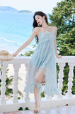 New Fashion Light Blue Ruffled Hem Design Beach Holiday A-line Spaghetti Strap Dress HZ1024