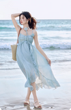 New Fashion Light Blue Ruffled Hem Design Beach Holiday A-line Spaghetti Strap Dress HZ1024