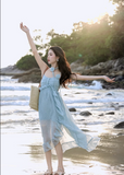 New Fashion Light Blue Ruffled Hem Design Beach Holiday A-line Spaghetti Strap Dress HZ1024