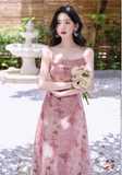 Retro Fashion Pink Flora Design Beach Holiday A-line Spaghetti Strap Dress HZ1024