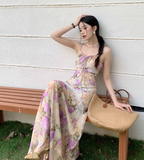 Retro Fashion Purple Flora Design Beach Holiday A-line Spaghetti Strap Dress HZ1024