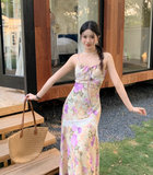 Retro Fashion Purple Flora Design Beach Holiday A-line Spaghetti Strap Dress HZ1024