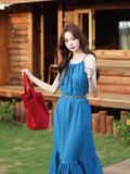 New Fashion Blue Simple Design Beach Holiday A-line with Belt Spaghetti Strap Dress HZ1024