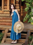 New Fashion Blue Simple Design Beach Holiday A-line with Belt Spaghetti Strap Dress HZ1024
