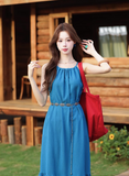 New Fashion Blue Simple Design Beach Holiday A-line with Belt Spaghetti Strap Dress HZ1024