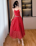 Retro Fashion Red Plaid Design Beach Holiday A-line with Belt Spaghetti Strap Dress HZ1024