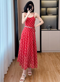 Retro Fashion Red Plaid Design Beach Holiday A-line with Belt Spaghetti Strap Dress HZ1024