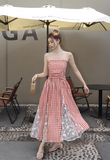 New Fashion Red Plaid Lace Patchwork Design Beach Holiday A-line Sleeveless Strapless Dress HZ1024