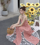 New Fashion Red Plaid Lace Patchwork Design Beach Holiday A-line Sleeveless Strapless Dress HZ1024