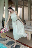 Simple Fashion White Sleeveless Design Beach Holiday A-line with Belt Jacquard Halter Dress HZ1024