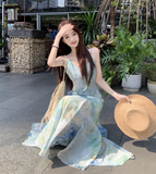 Simple Fashion Floral Design A-line Beach Holiday Spaghetti Strap Dress HZ1024