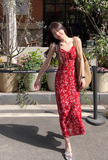 New Fashion Red Floral Design A-line Beach Holiday Spaghetti Strap Dress HZ1024