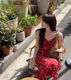 New Fashion Red Floral Design A-line Beach Holiday Spaghetti Strap Dress HZ1024